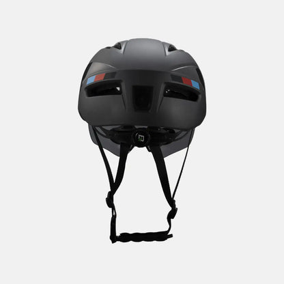 Bike helmet with chin strap and vented front, matte black shell with red-blue accents