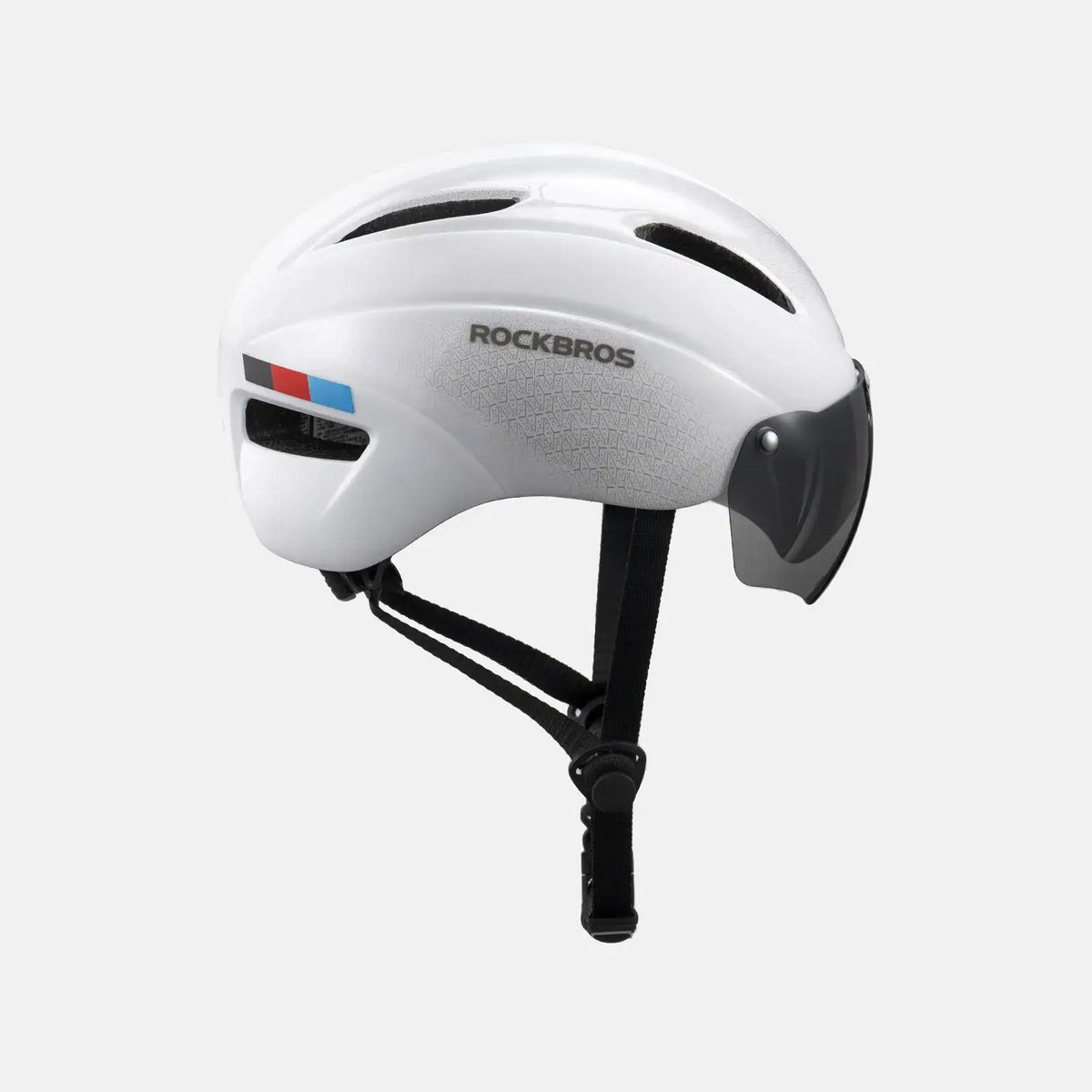 White cycling helmet with front ventilation openings and black magnetic visor.