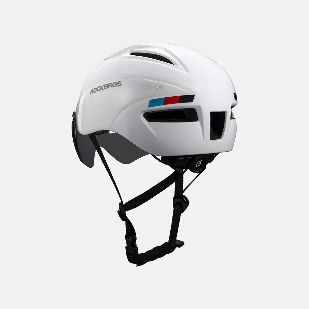 White cycling helmet with black visor panels and side ventilation cutouts.