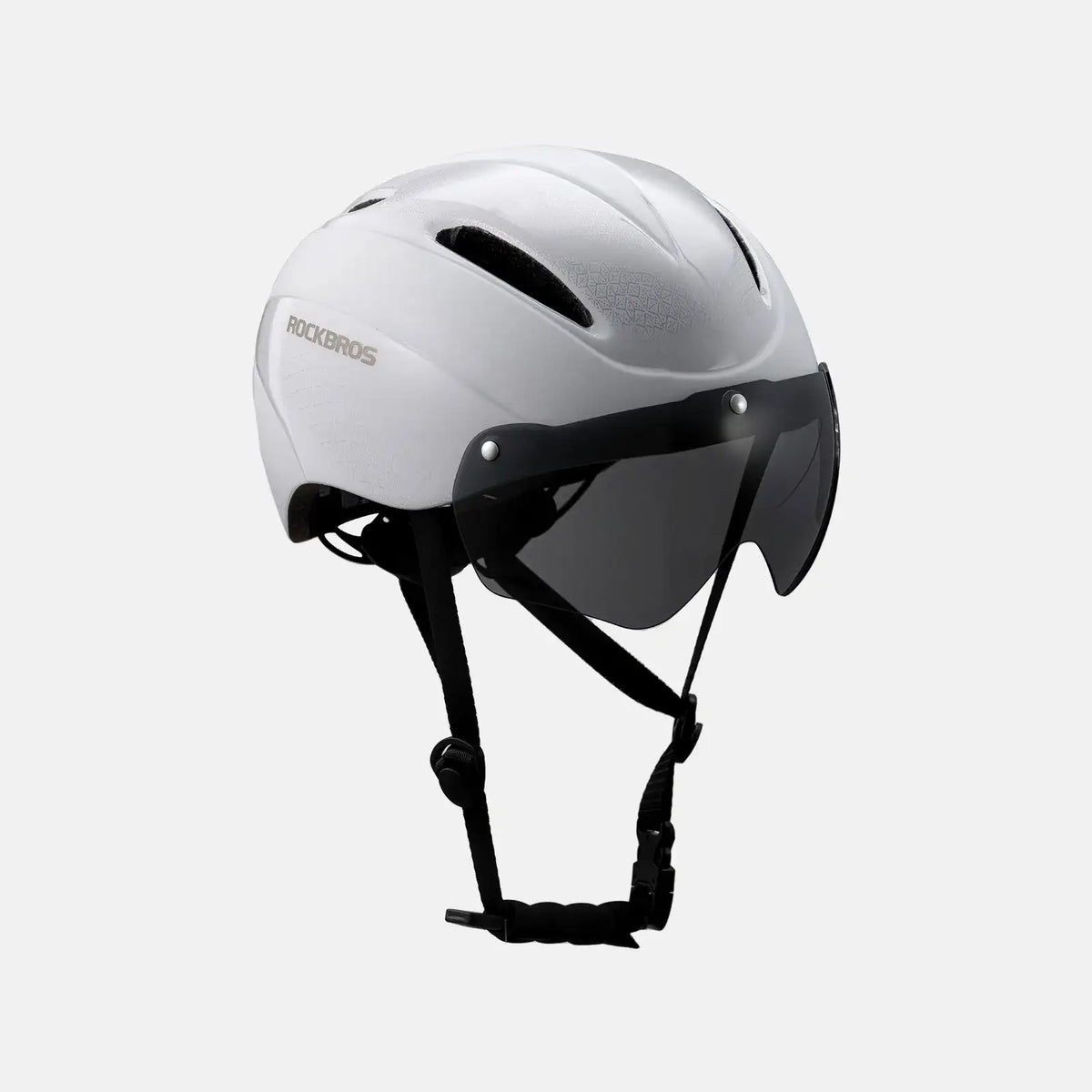 White cycling helmet with black chin straps and rear-mounted magnetic face shield.