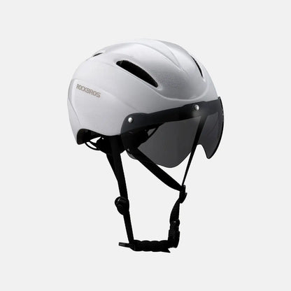 White cycling helmet with black chin straps and rear-mounted magnetic face shield.