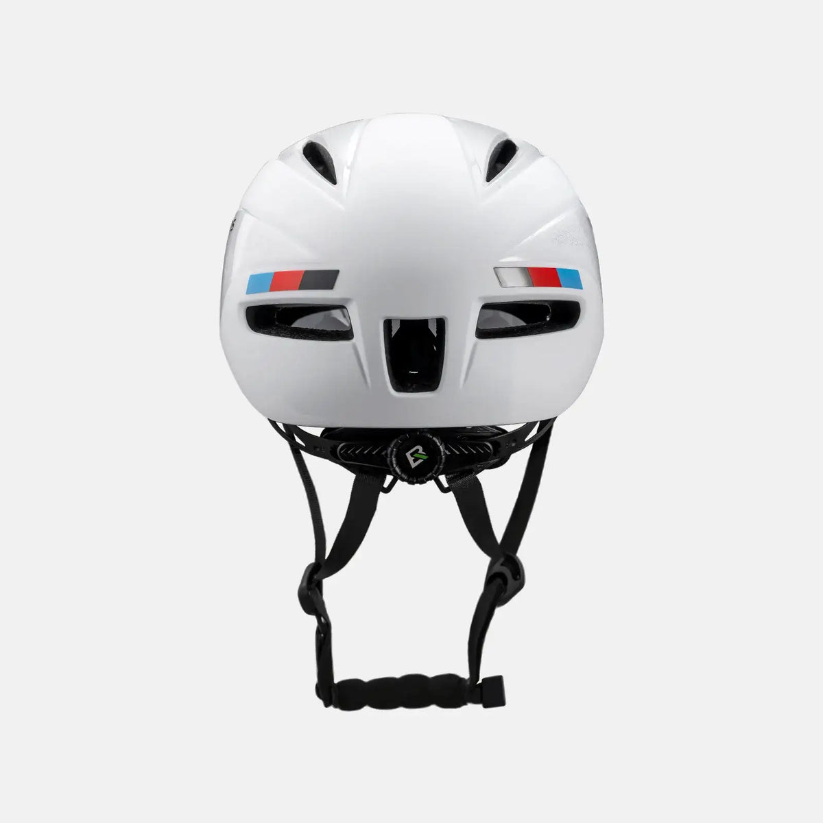White cycling helmet with black chin straps and center magnetic locking face shield.