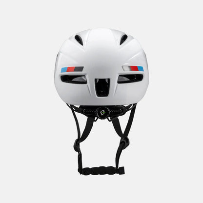 White cycling helmet with black chin straps and center magnetic locking face shield.