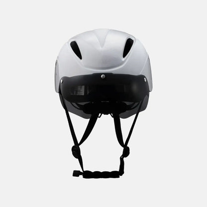 White cycling helmet front view with black magnetic face shield and chin straps.
