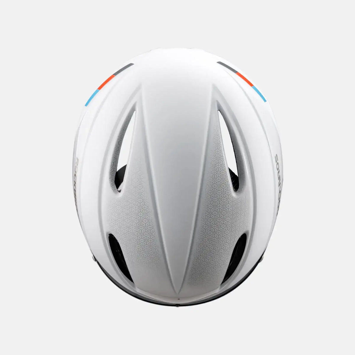 White cycling helmet top view with vent channels and aerodynamic shell ridges.