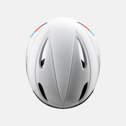 White cycling helmet top view with vent channels and aerodynamic shell ridges.
