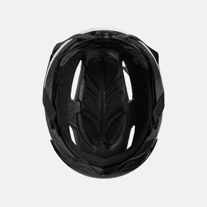 Black cycling helmet underside with internal padding and rear magnetic shield housing.