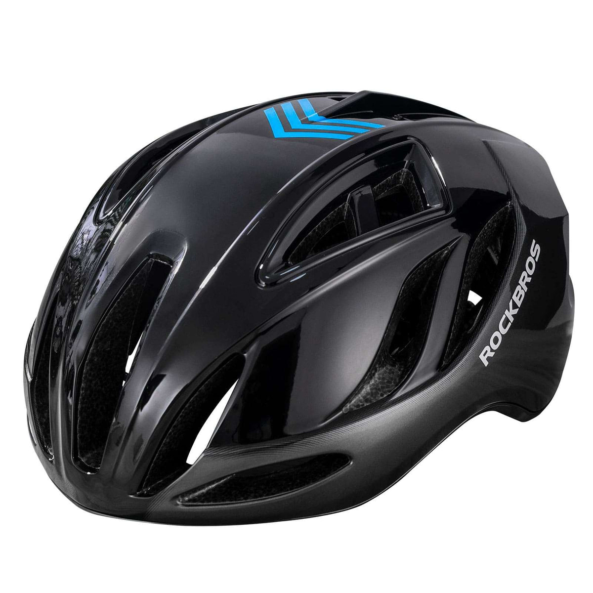 Black glossy in-mold bicycle helmet with blue logo accents and front vents
