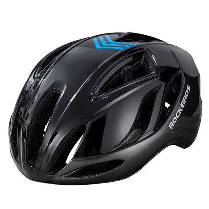 Black glossy in-mold bicycle helmet with blue logo accents and front vents