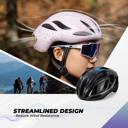 Black in-mold bicycle helmet worn with protective cycling goggles, side view
