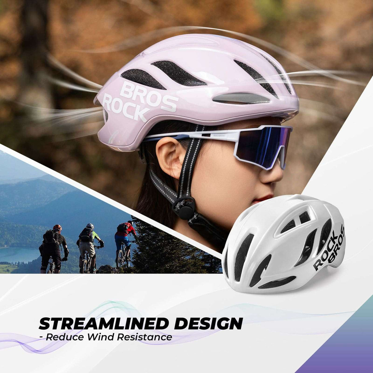 White in-mold bicycle helmet worn with protective cycling goggles, side view