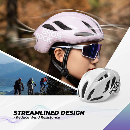 White in-mold bicycle helmet worn with protective cycling goggles, side view