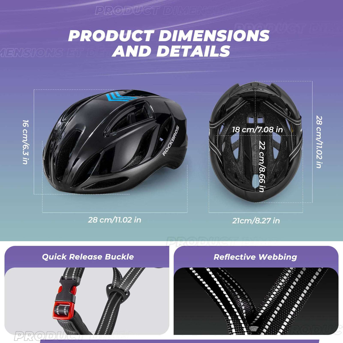 In-mold bicycle helmet size and detail diagram, black helmet shown