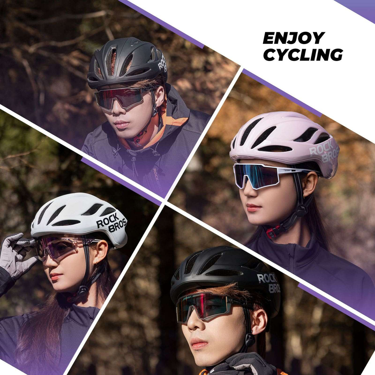 Cycling helmets with goggles shown on riders in multiple angles