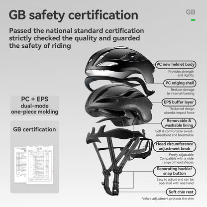 Bicycle helmet safety certification diagram with black helmet and strap