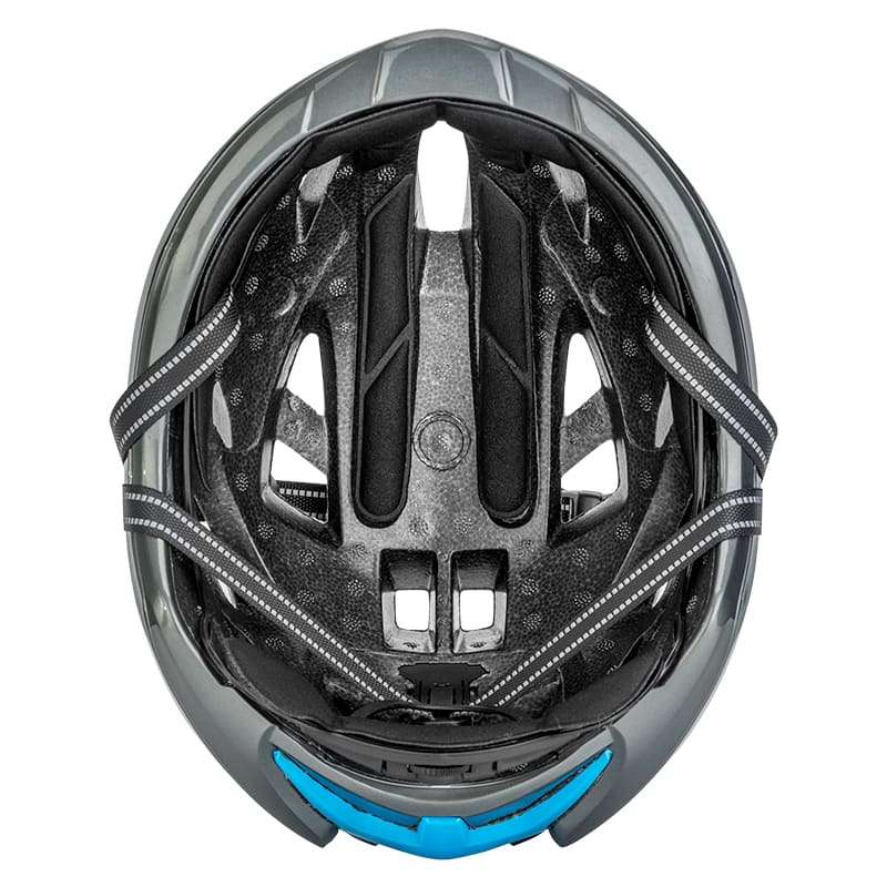 Inner padding view of black in-mold bicycle helmet with chin strap openings