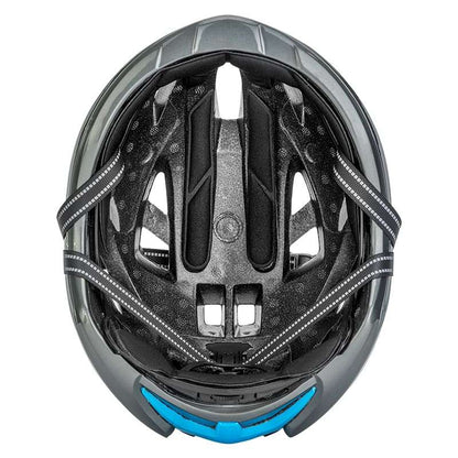 Inner padding view of black in-mold bicycle helmet with chin strap openings