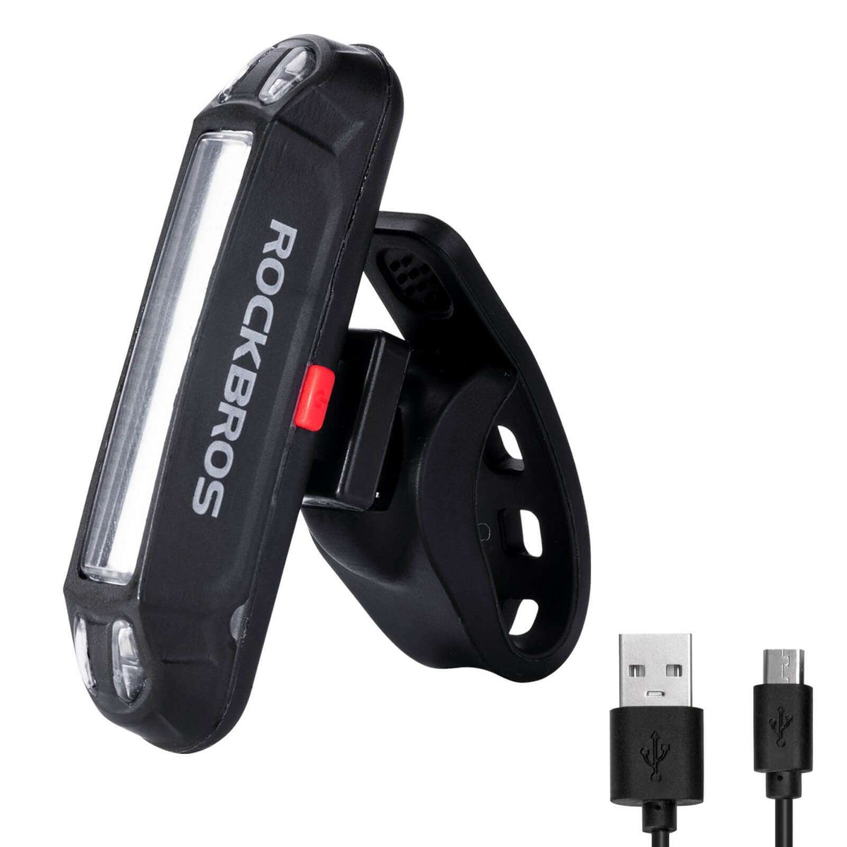 Rechargeable rear bike light with USB cable, black housing and red indicator strip