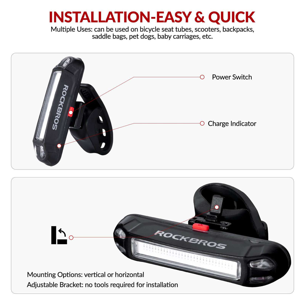 Adjustable rear bike light bracket with power switch and mounting points