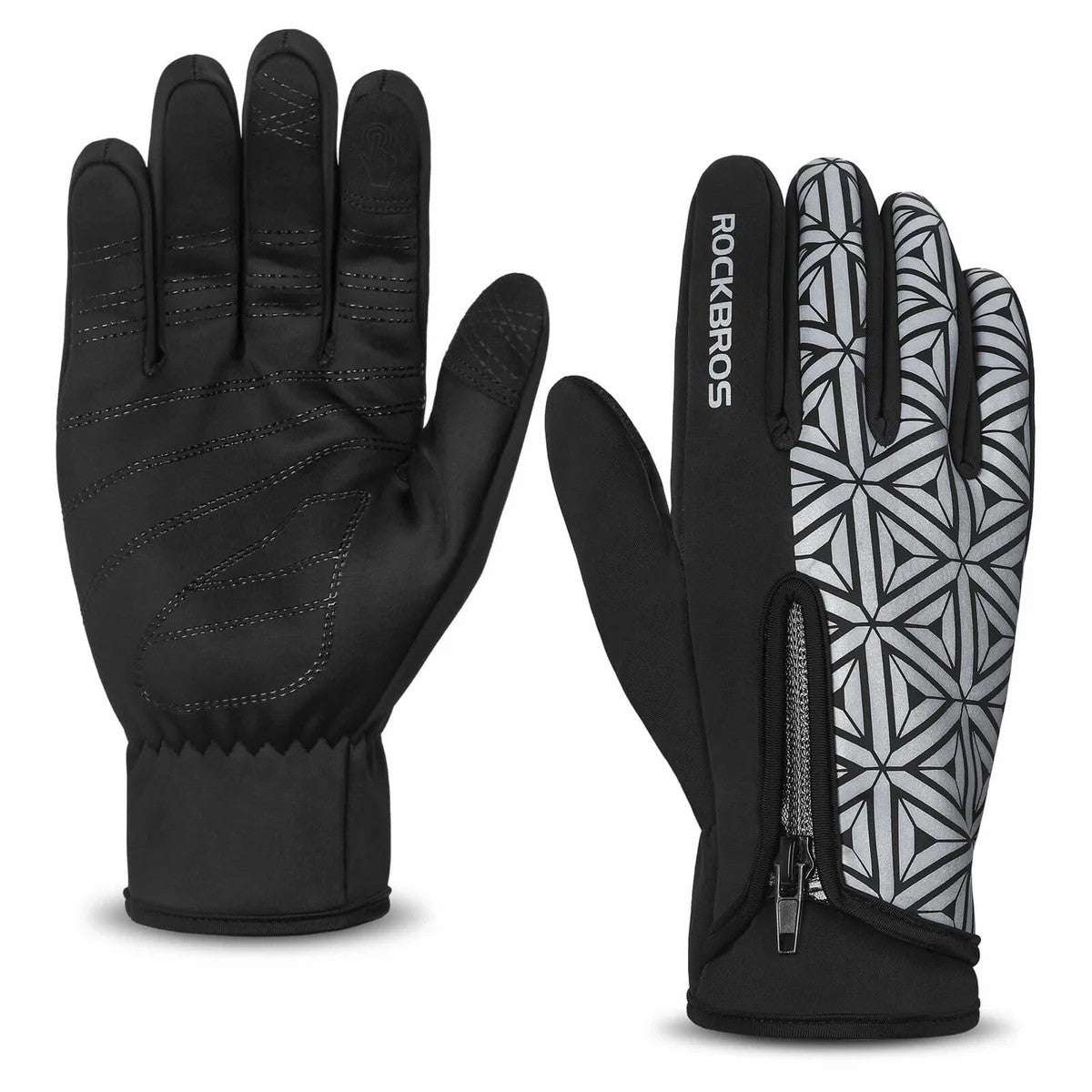 Winter fleece full-finger cycling gloves, black solid and black/white geometric pair