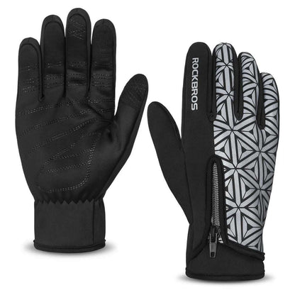 Winter fleece full-finger cycling gloves, black solid and black/white geometric pair