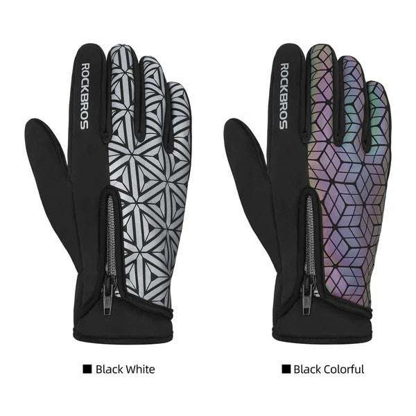 Full-finger fleece cycling gloves, black with white geometric and black with multicolor geometric