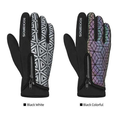 Full-finger fleece cycling gloves, black with white geometric and black with multicolor geometric