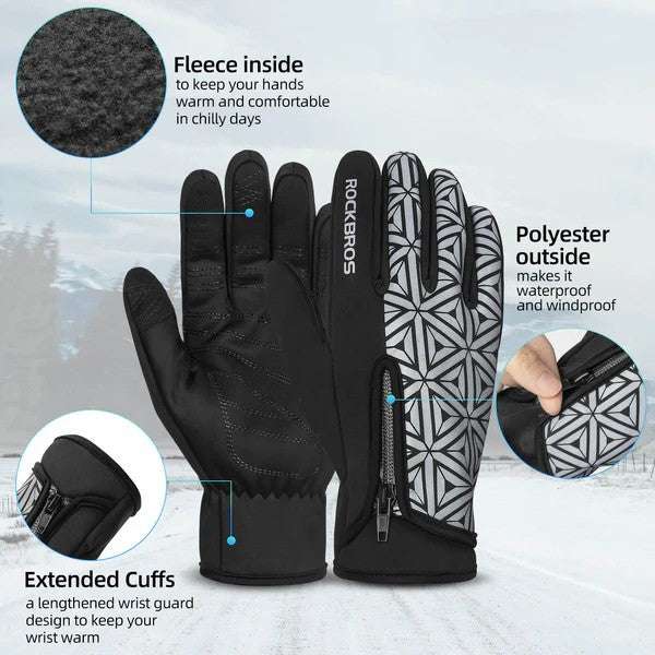 Winter fleece full-finger cycling gloves with extended cuffs and zippered back pocket
