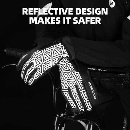 Winter cycling gloves with black-and-white geometric pattern and zippered wrist pocket