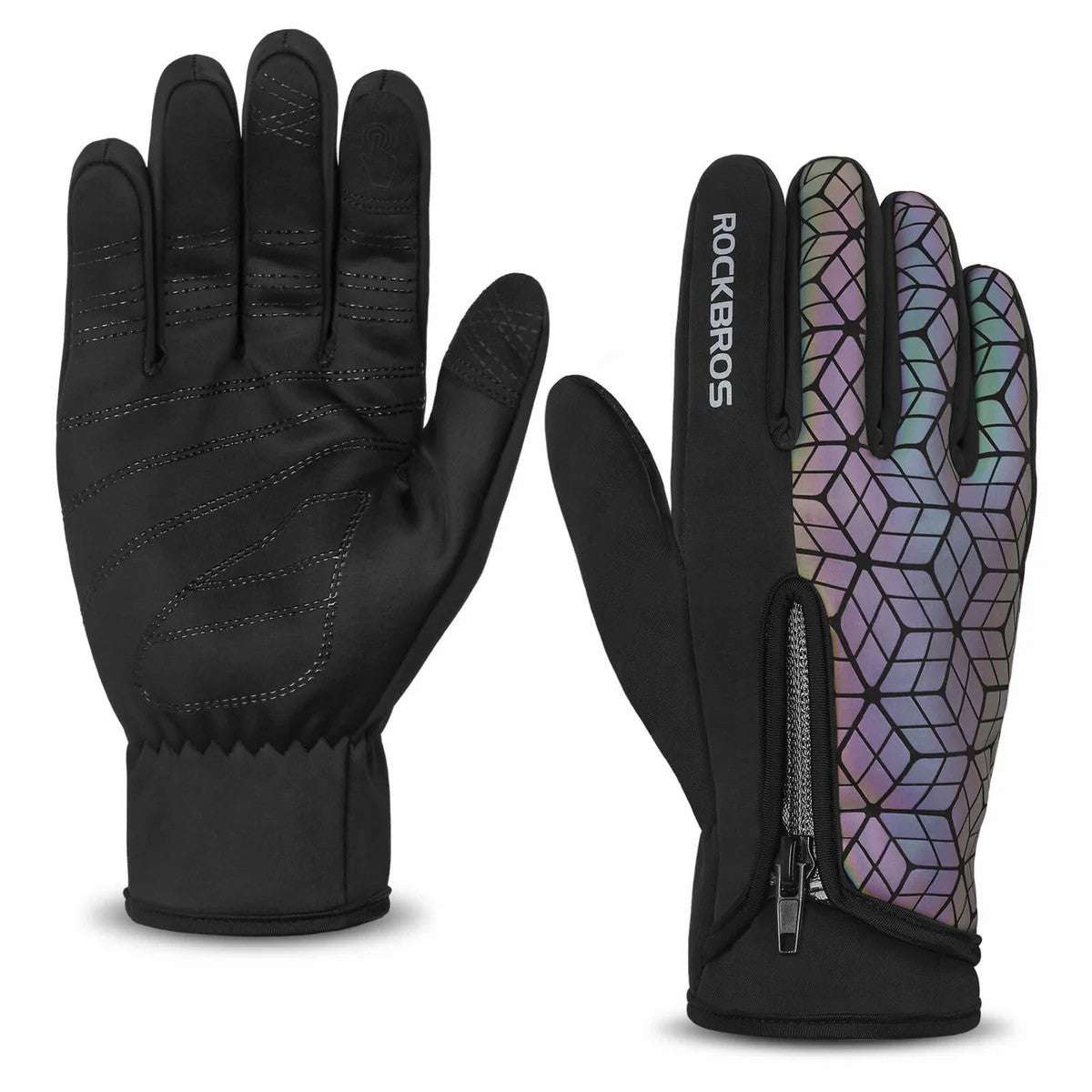 Winter fleece full-finger cycling gloves, black solid and black/purple-blue geometric pair
