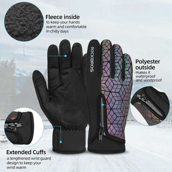 Winter fleece full-finger cycling gloves with extended cuffs and zippered back pocket