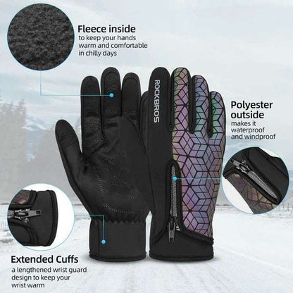 Winter fleece full-finger cycling gloves with extended cuffs and zippered back pocket