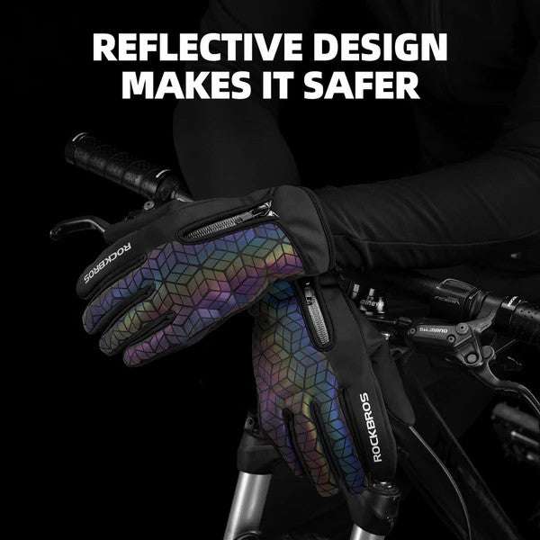 Winter cycling gloves with multicolor geometric pattern and zippered wrist pocket