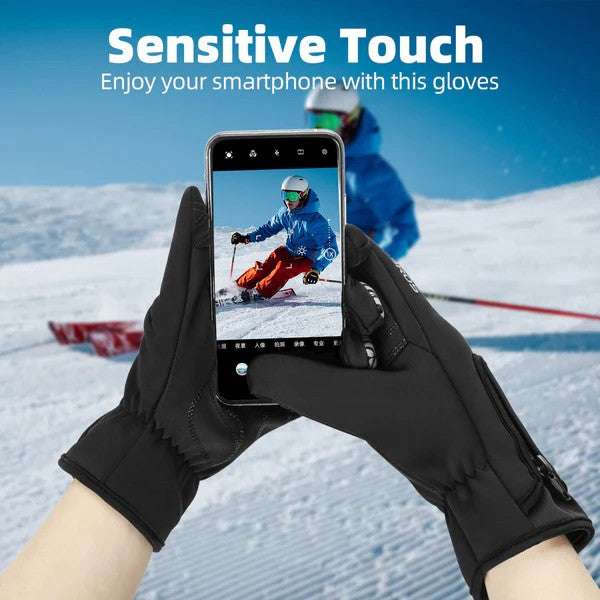 Black winter fleece cycling gloves with full fingers shown holding a smartphone