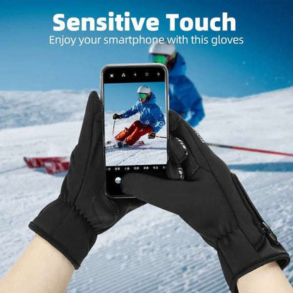 Black winter fleece cycling gloves with full fingers shown holding a smartphone
