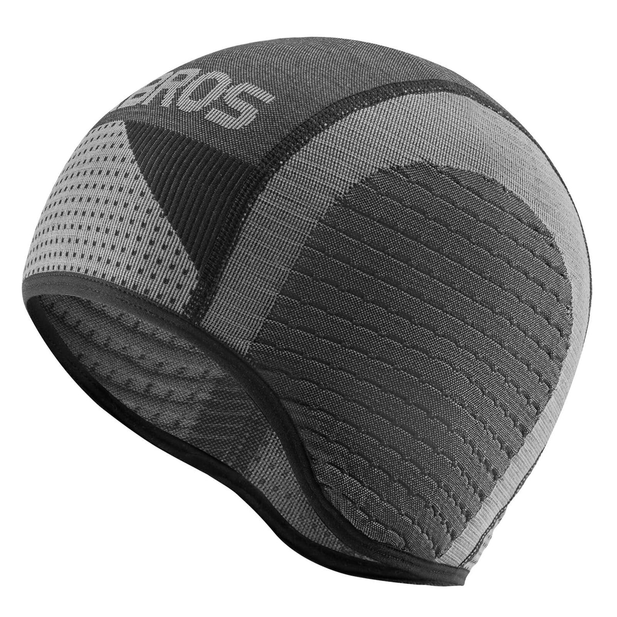 Grey cycling skull cap liner with black trim and quilted knit panels