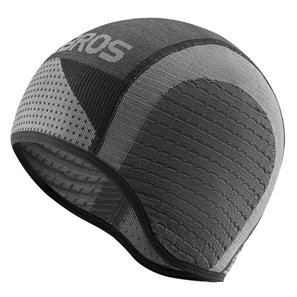 Grey cycling skull cap liner with black trim and quilted knit panels