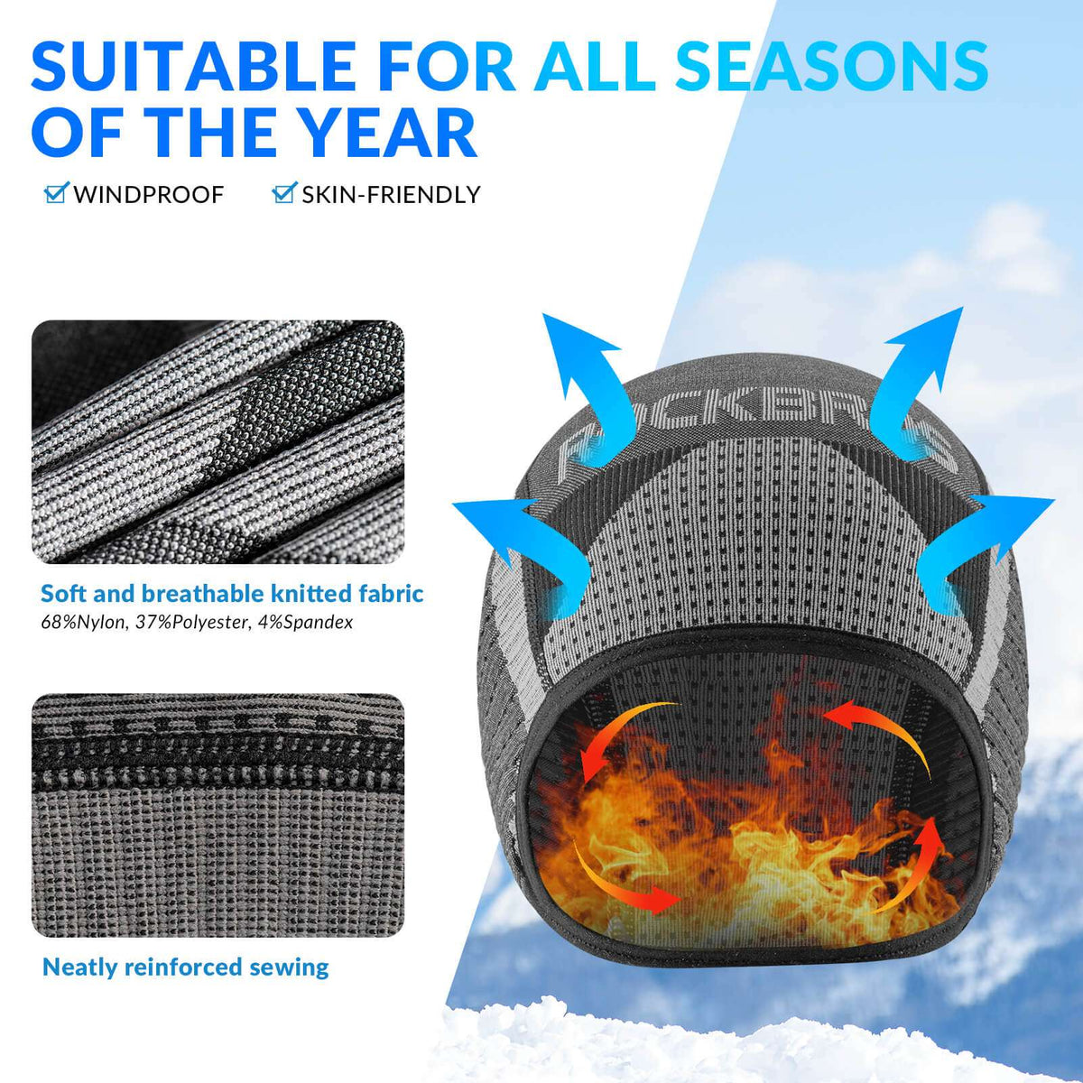 Grey knit cycling skull cap liner with black side bands and padded texture