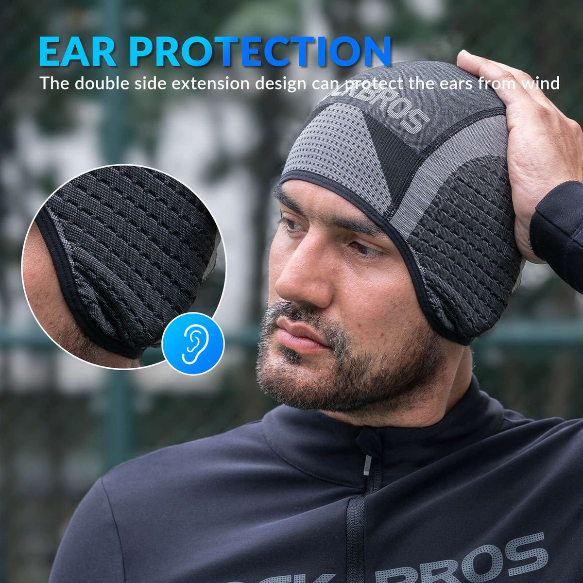 Grey cycling skull cap liner with black side panels and extended ear coverage