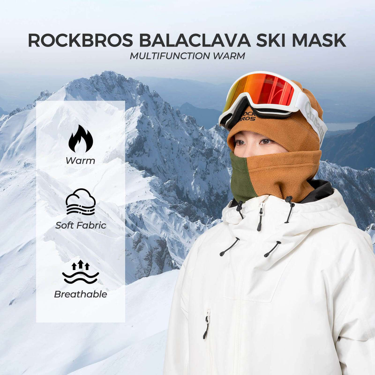 ROCKBROS ski mask and neck warmer worn on a cyclist, green and brown fleece