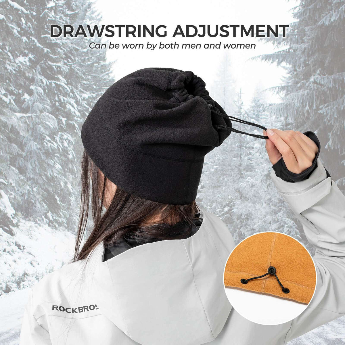 Black fleece balaclava ski mask with adjustable drawstring at the face opening