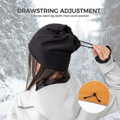 Black fleece balaclava ski mask with adjustable drawstring at the face opening