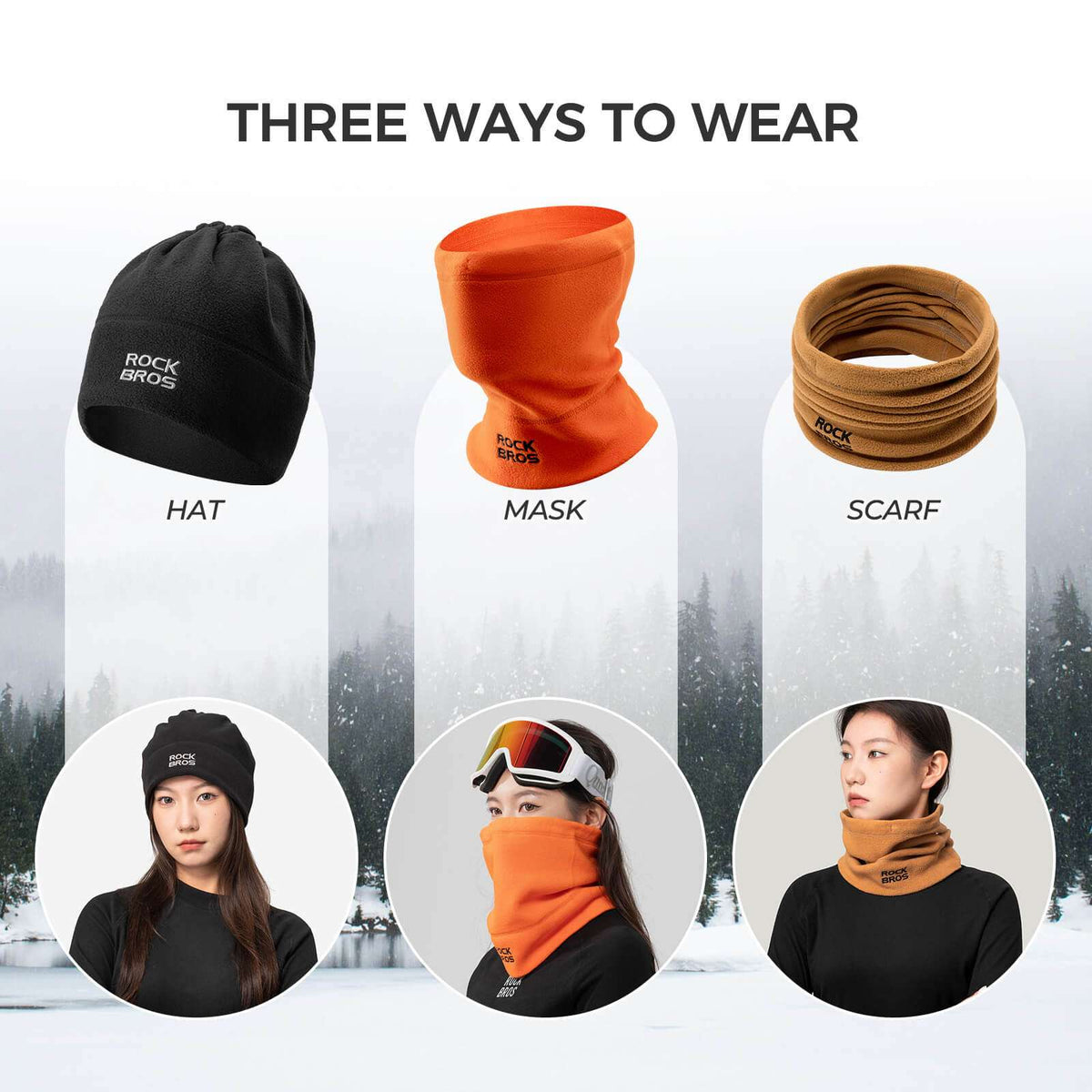 Winter fleece balaclava options: black hat, orange face mask, tan scarf