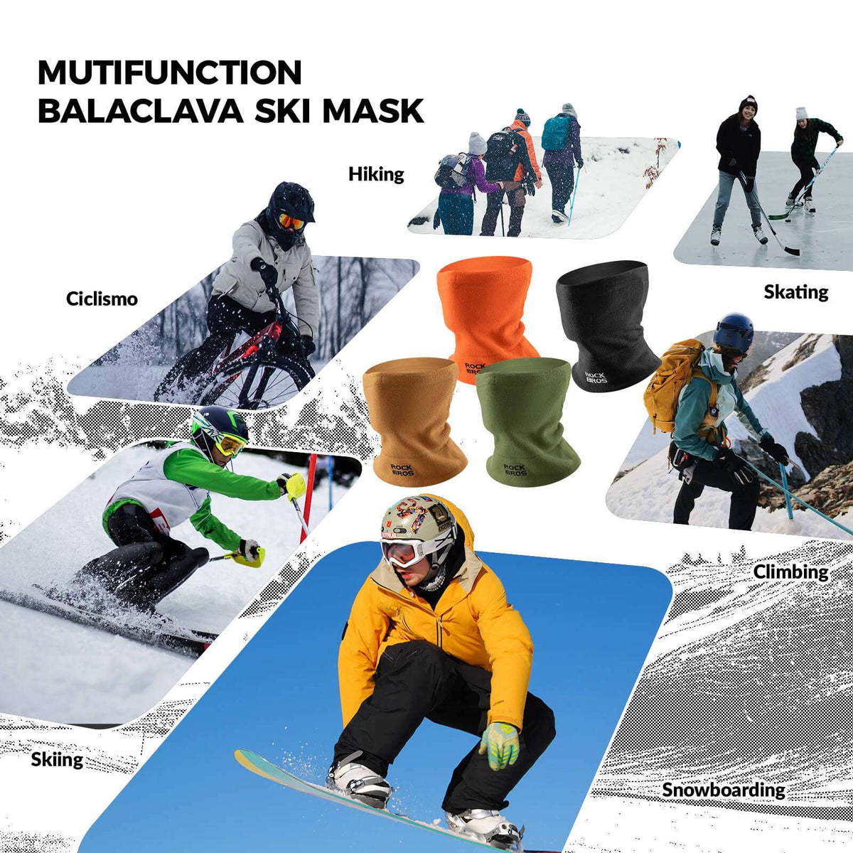 Multifunction balaclava ski mask neck warmer in orange, black, brown, and green