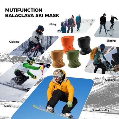 Multifunction balaclava ski mask neck warmer in orange, black, brown, and green