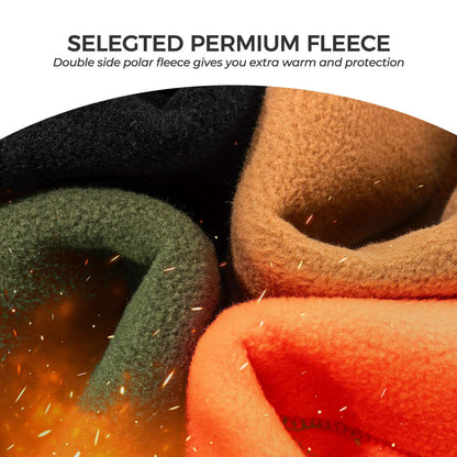 Close-up of double-sided fleece texture on a neck warmer in dark and tan