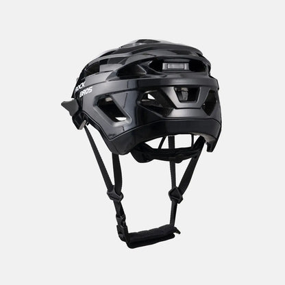 Black youth bike helmet side view with rear light-mount area and straps