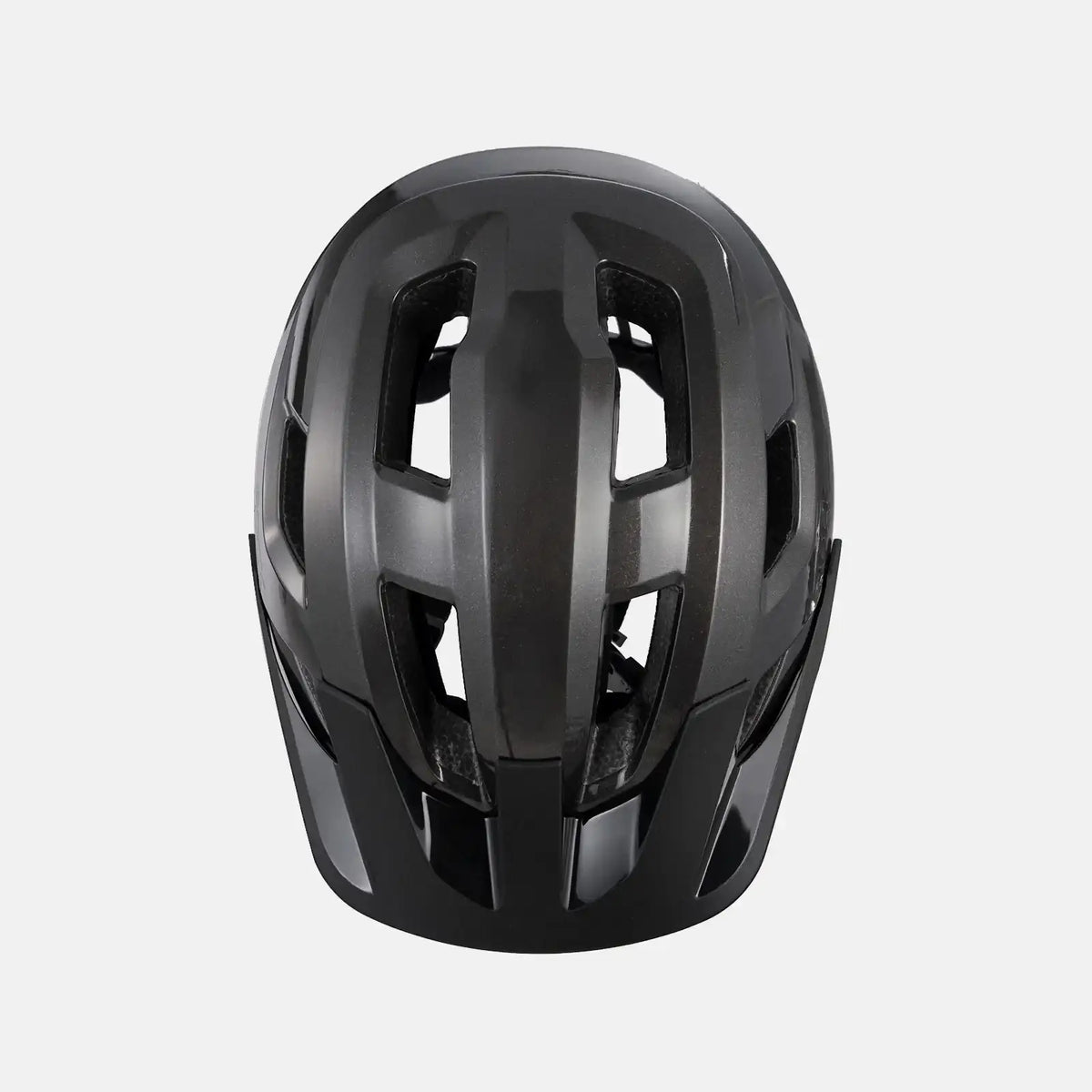 Black youth bike helmet, top view with vented shell and rear light mount