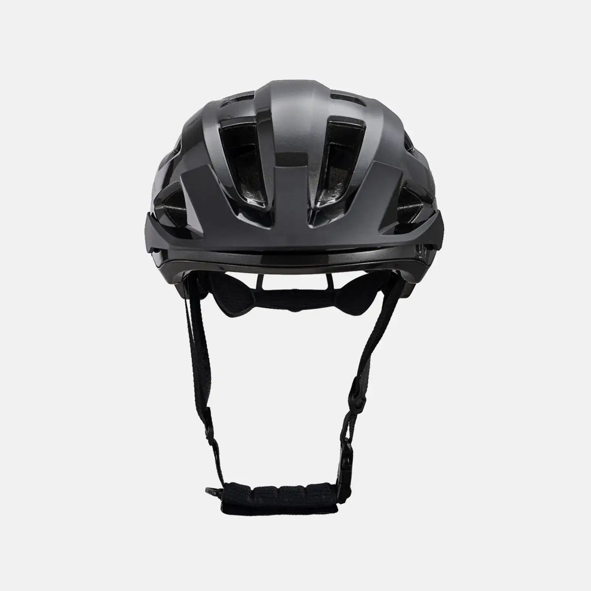 Youth bike helmet, black front profile with adjustable chin straps