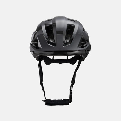 Youth bike helmet, black front profile with adjustable chin straps